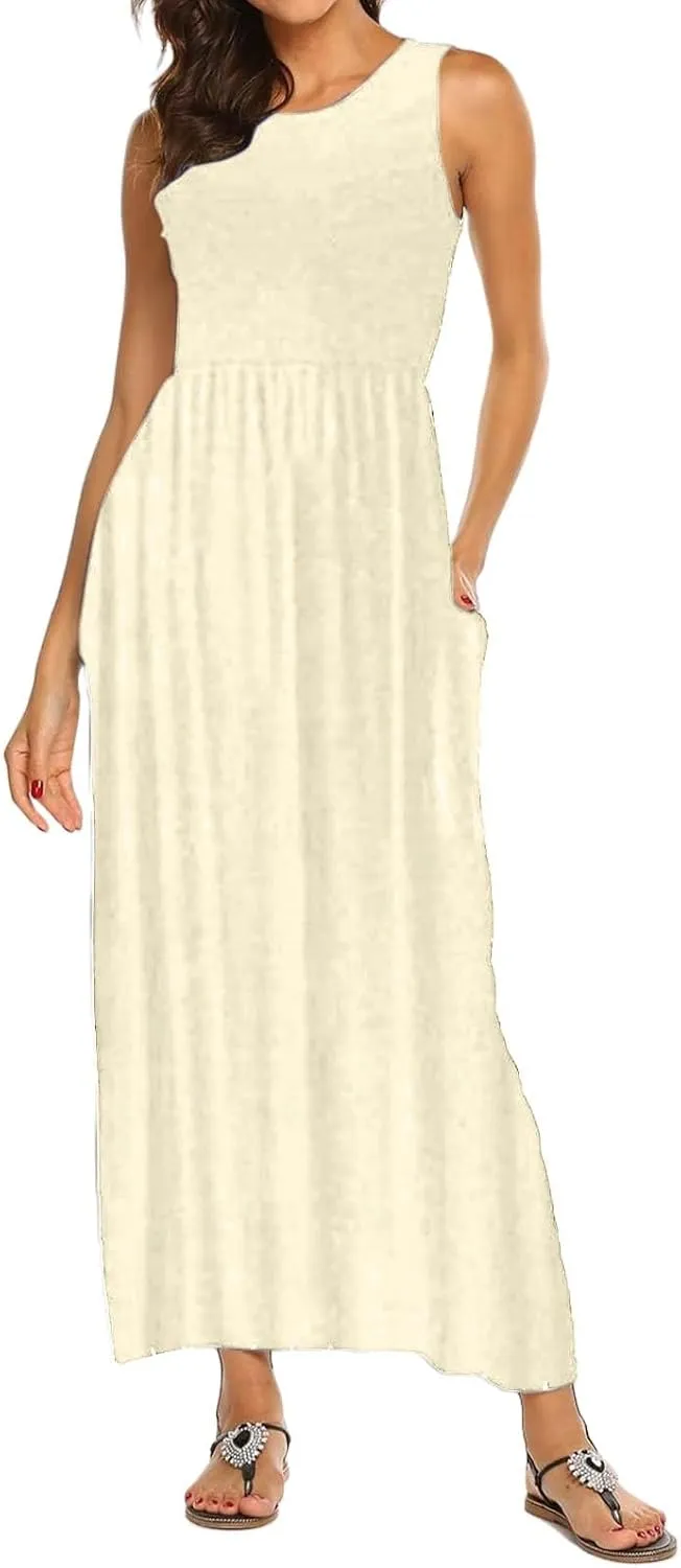 Women's Sleeveless Maxi Dress Patchwork Tank Top Flowy Dress Summer Pleated Long Sundress with Pockets