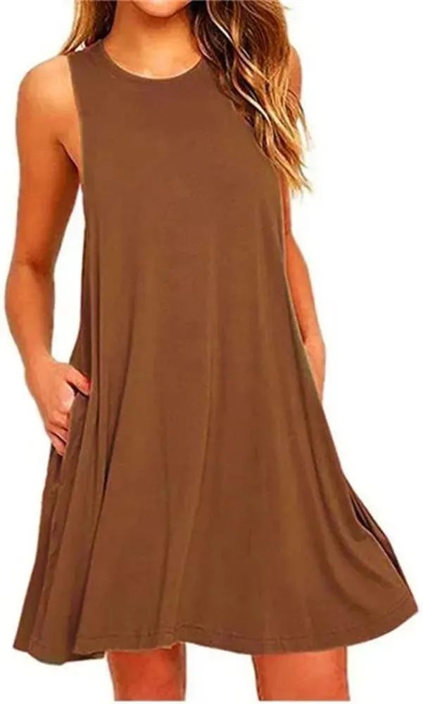 Women's Summer Round Neck Casual T Shirt Dress Beach Cover Up Plain Pleated Tank Dress