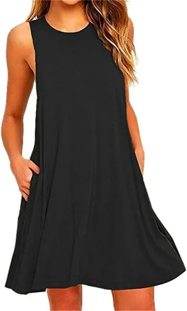Women's Summer Round Neck Casual T Shirt Dress Beach Cover Up Plain Pleated Tank Dress