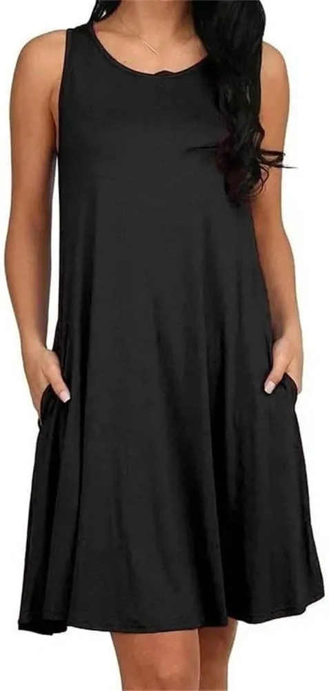 Women's Summer Round Neck Casual T Shirt Dress Beach Cover Up Plain Pleated Tank Dress