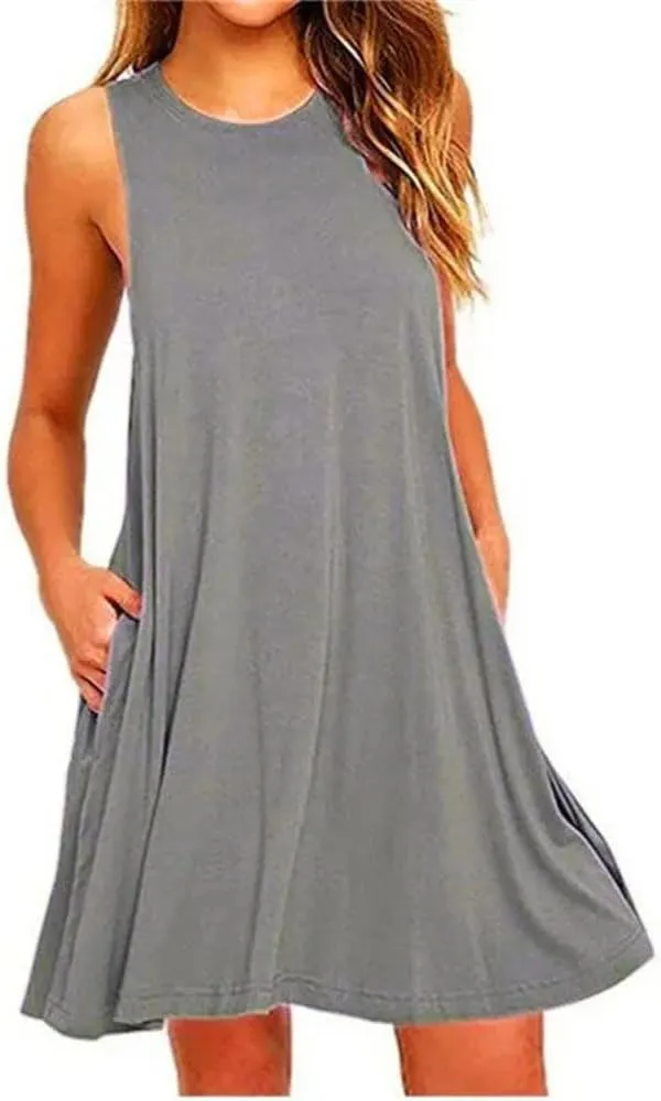 Women's Summer Round Neck Casual T Shirt Dress Beach Cover Up Plain Pleated Tank Dress