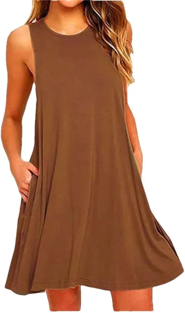 Women's Summer Round Neck Casual T Shirt Dress Beach Cover Up Plain Pleated Tank Dress
