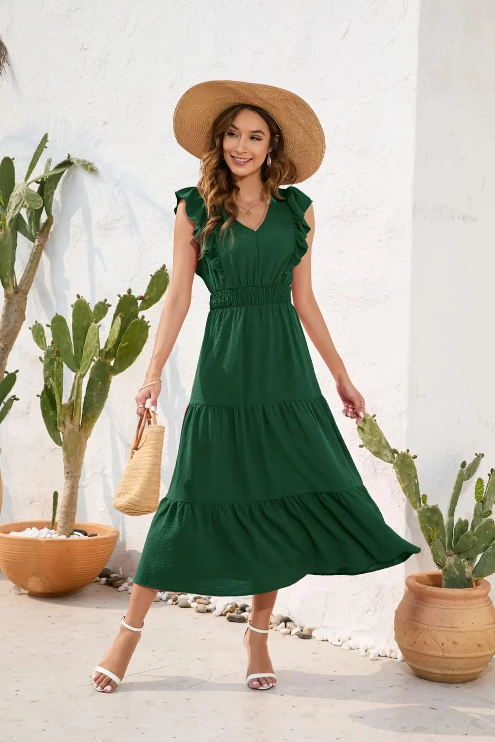 Womens Summer Short Sleeve Wrap V Neck Swiss Dot Midi Dress Boho Ruffle Wedding Guest Dress