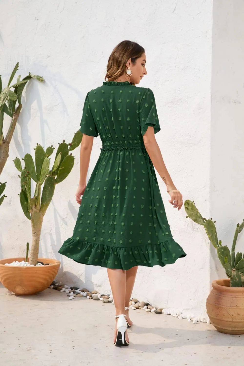 Womens Summer Short Sleeve Wrap V Neck Swiss Dot Midi Dress Boho Ruffle Wedding Guest Dress
