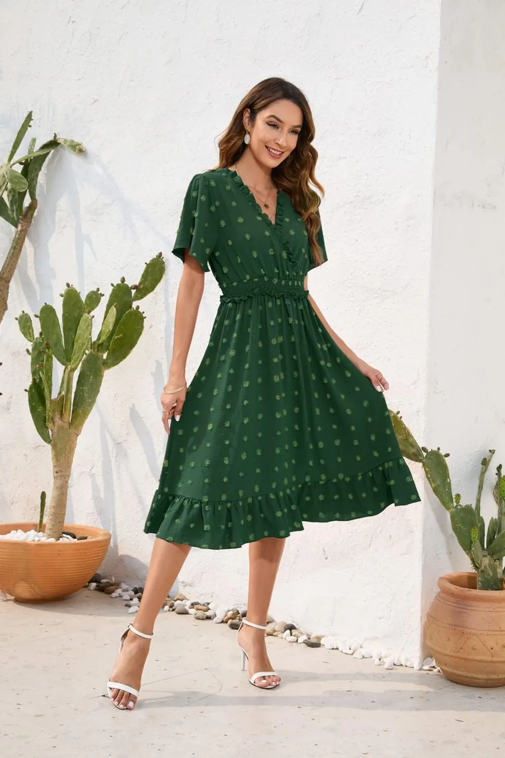 Womens Summer Short Sleeve Wrap V Neck Swiss Dot Midi Dress Boho Ruffle Wedding Guest Dress