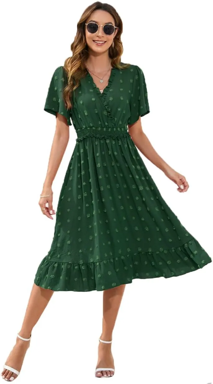 Womens Summer Short Sleeve Wrap V Neck Swiss Dot Midi Dress Boho Ruffle Wedding Guest Dress