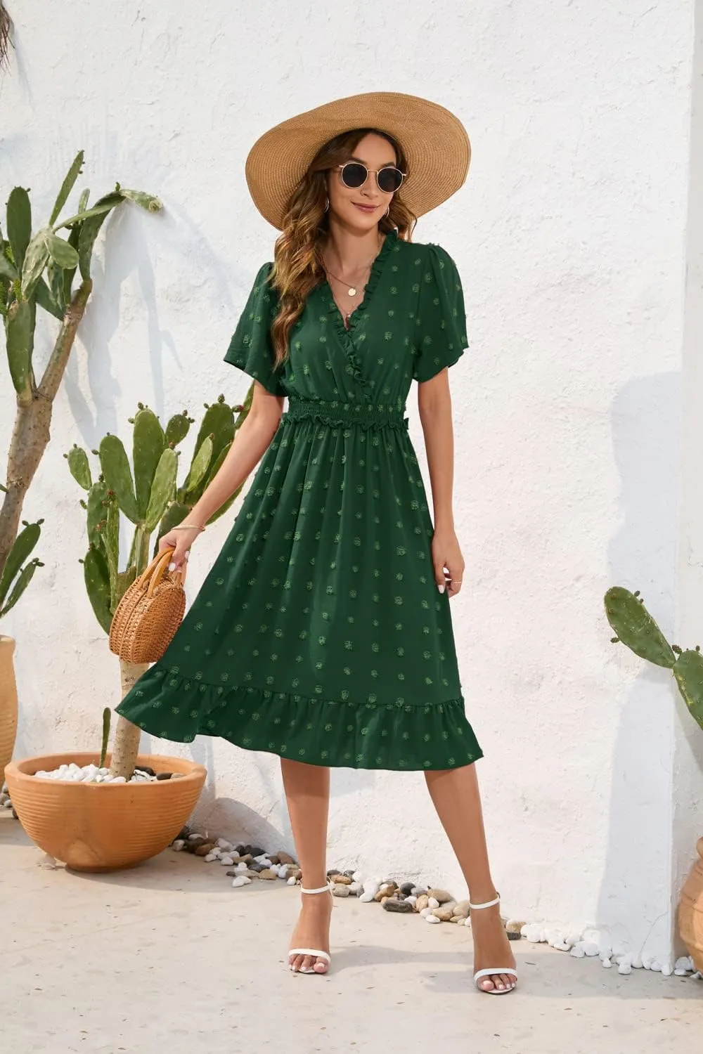 Womens Summer Short Sleeve Wrap V Neck Swiss Dot Midi Dress Boho Ruffle Wedding Guest Dress