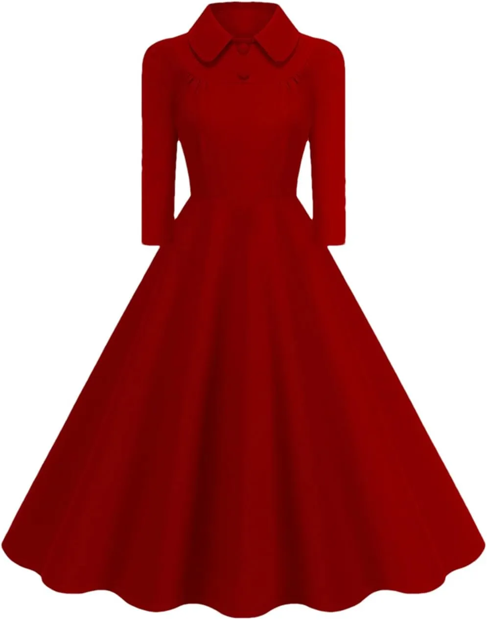 Women's Vintage Long Sleeve Solid Dress Front Button Swing Dress 1950S Dress