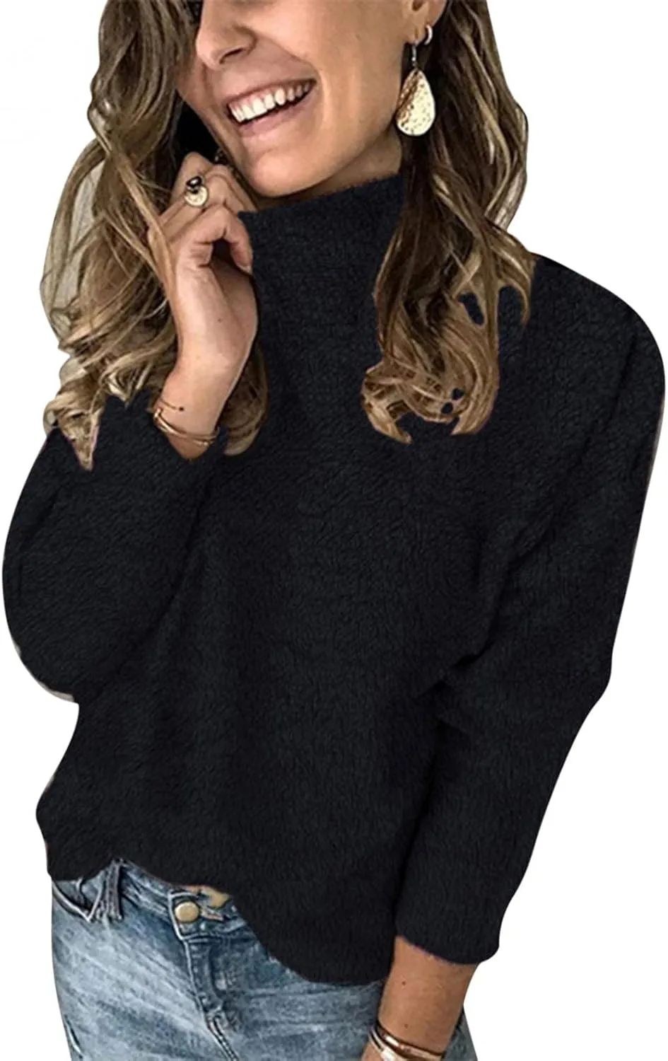 WUAI-Women Turtleneck Sweaters Oversized Stylish Knitwear Casual Slim Fit Warm Waffle Knit Thermal Pullover Jumper Tops