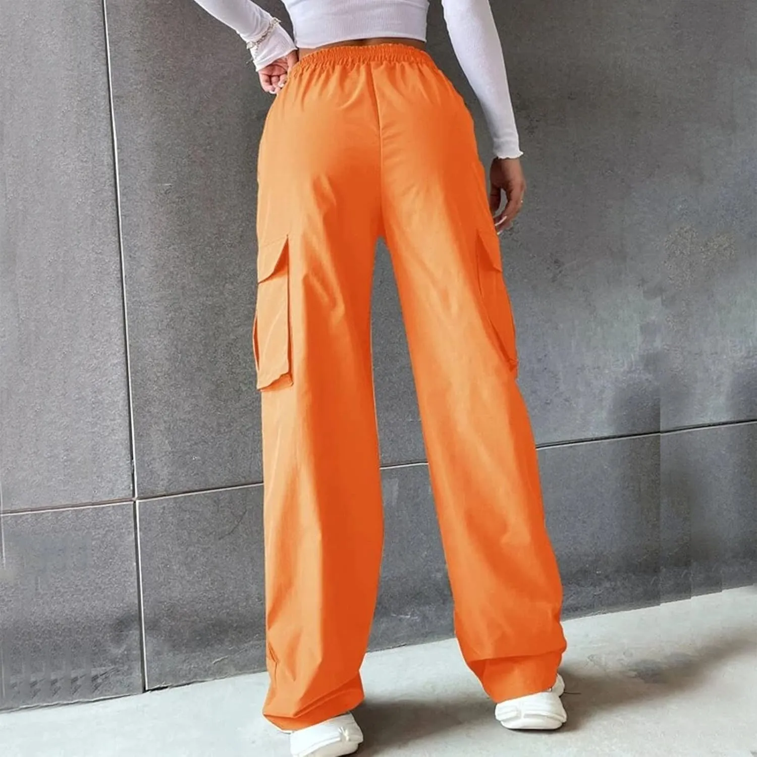 YOLAI Streetwear Hip Hop Cargo Pant for Women High Waisted Baggy Trousers Straight Leg Casual Trousers with Pockets (Orange, M)