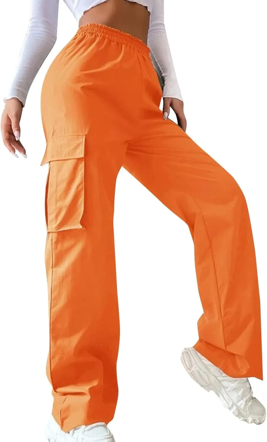 YOLAI Streetwear Hip Hop Cargo Pant for Women High Waisted Baggy Trousers Straight Leg Casual Trousers with Pockets (Orange, M)