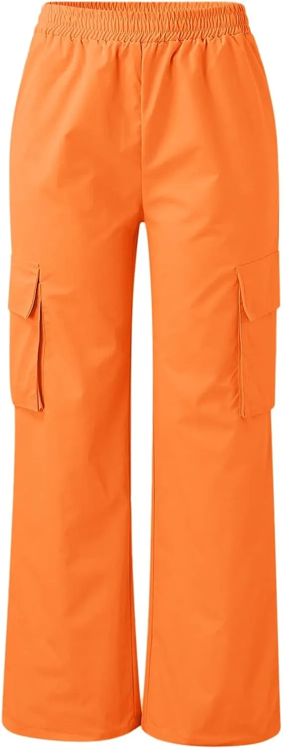 YOLAI Streetwear Hip Hop Cargo Pant for Women High Waisted Baggy Trousers Straight Leg Casual Trousers with Pockets (Orange, M)