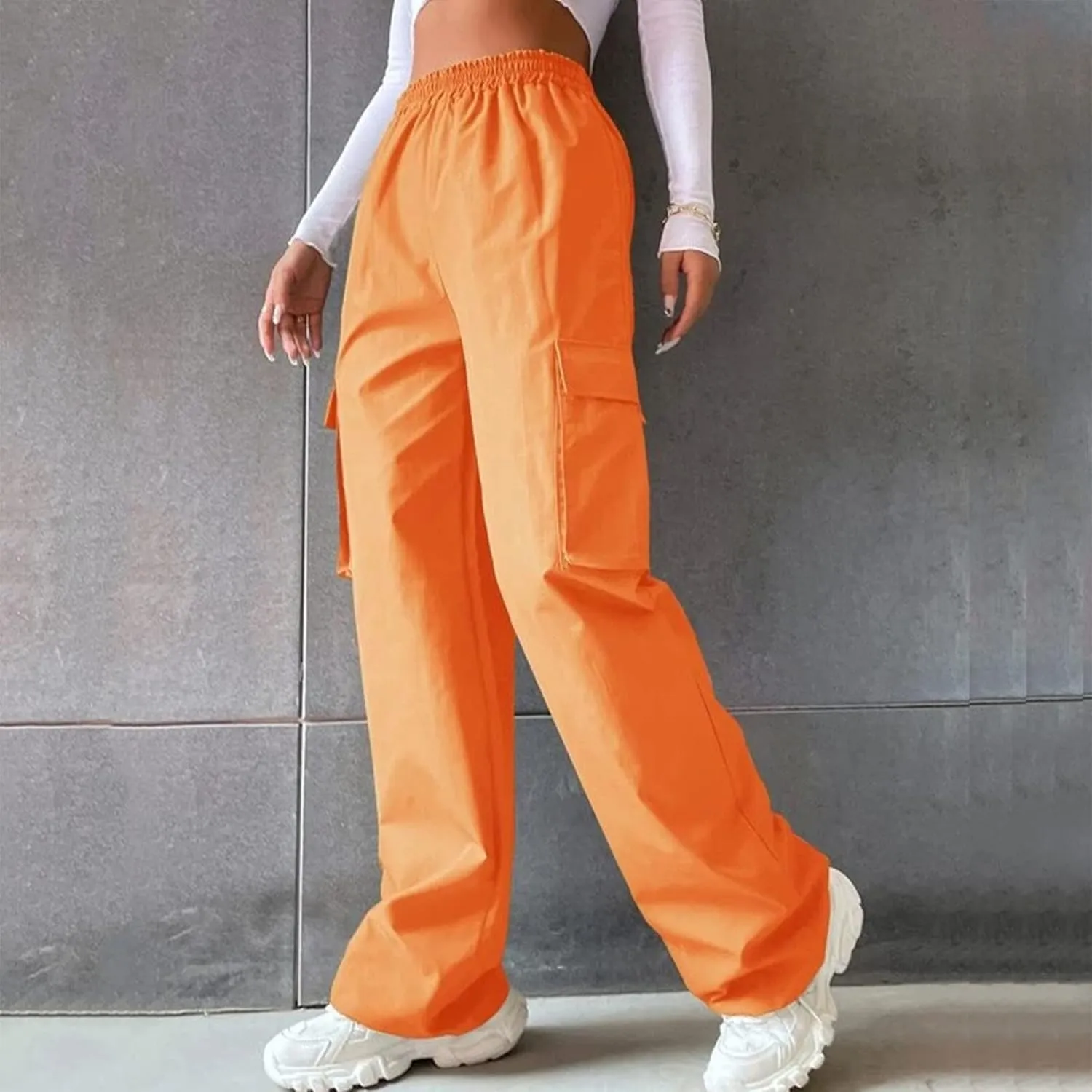 YOLAI Streetwear Hip Hop Cargo Pant for Women High Waisted Baggy Trousers Straight Leg Casual Trousers with Pockets (Orange, M)