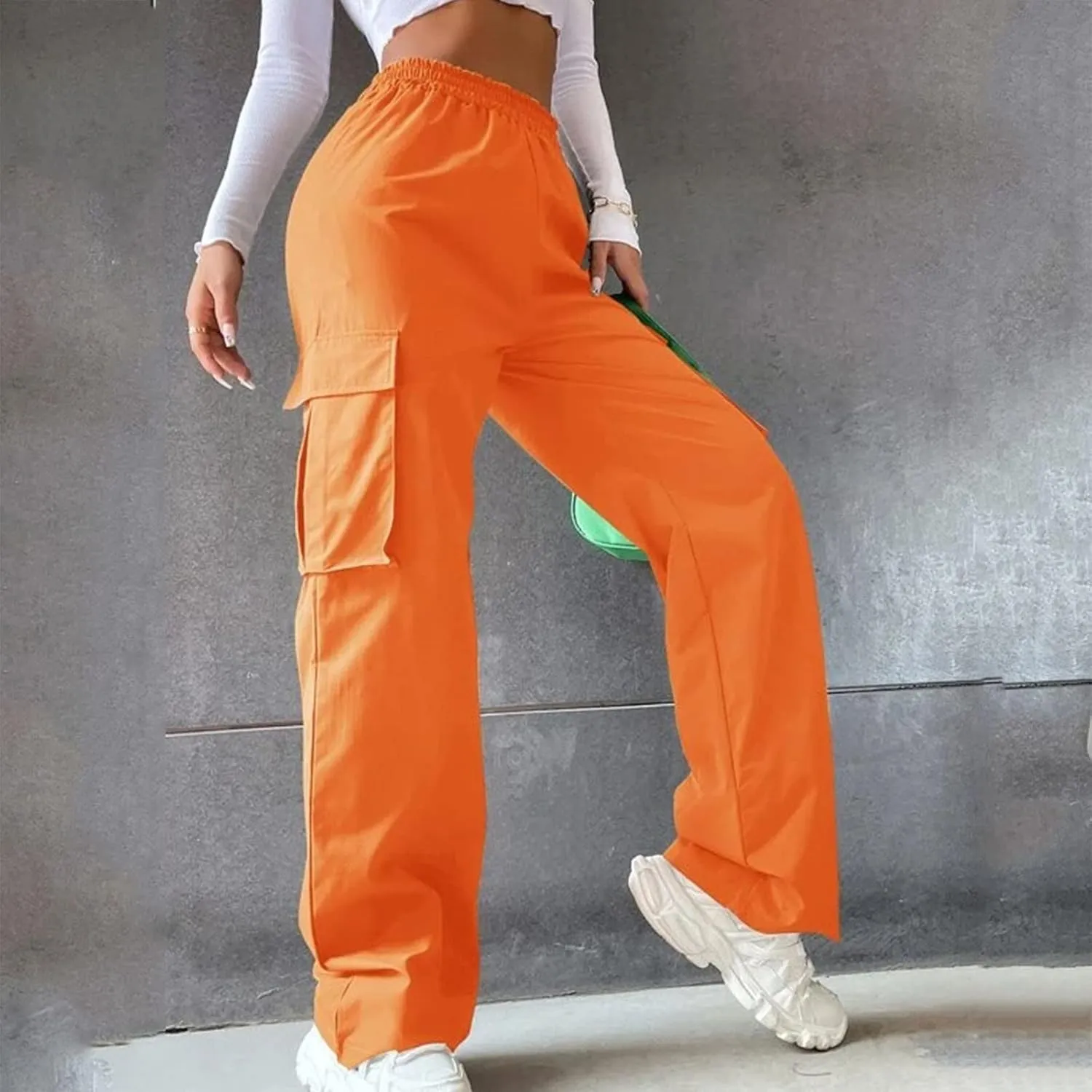 YOLAI Streetwear Hip Hop Cargo Pant for Women High Waisted Baggy Trousers Straight Leg Casual Trousers with Pockets (Orange, M)
