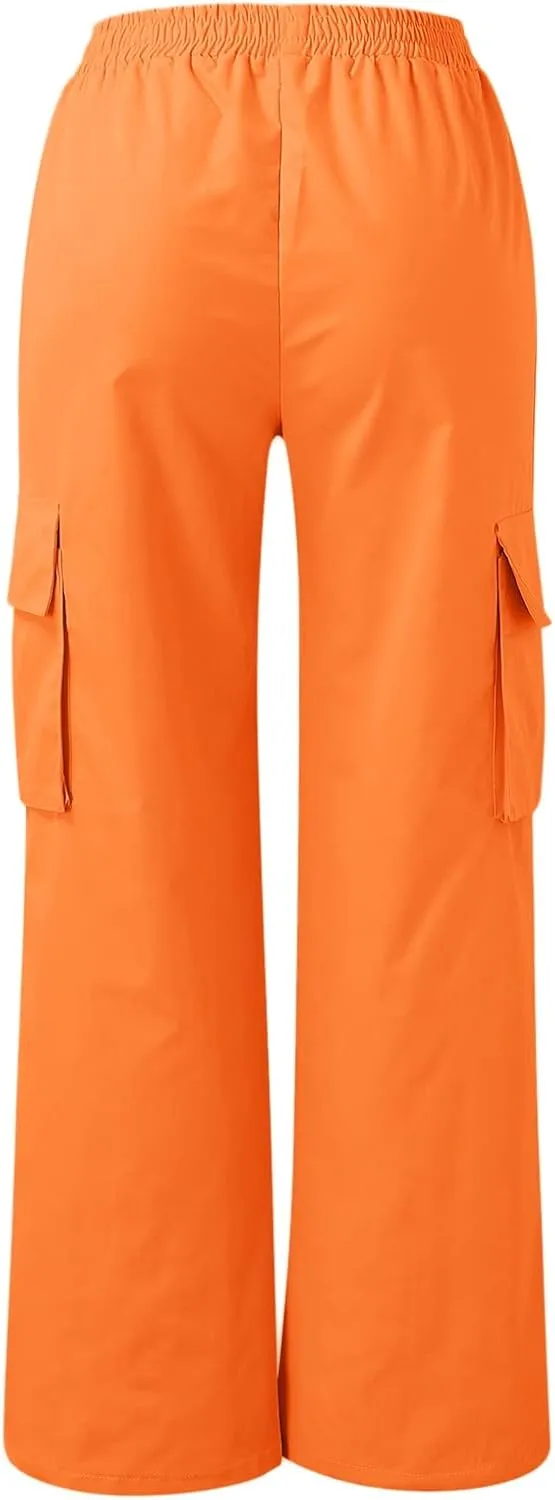 YOLAI Streetwear Hip Hop Cargo Pant for Women High Waisted Baggy Trousers Straight Leg Casual Trousers with Pockets (Orange, M)